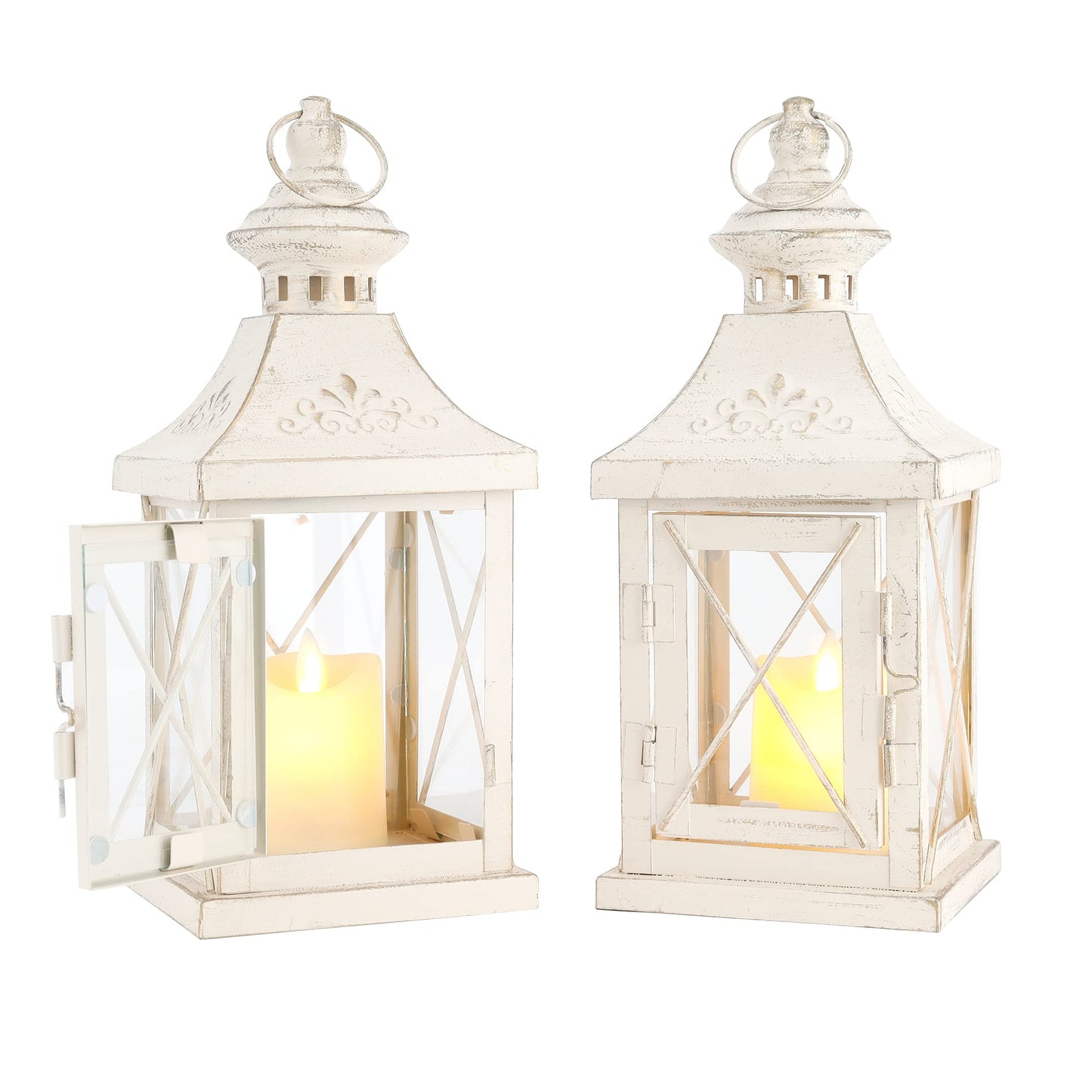 TRIROCKS Set of 2 Decorative Candle Lantern 11'' High Metal Candle Holder Hanging Lantern Perfect for Home Decor Halloween Living Room Parties Events Tabletop Indoors Outdoors (White with Gold Brush)
