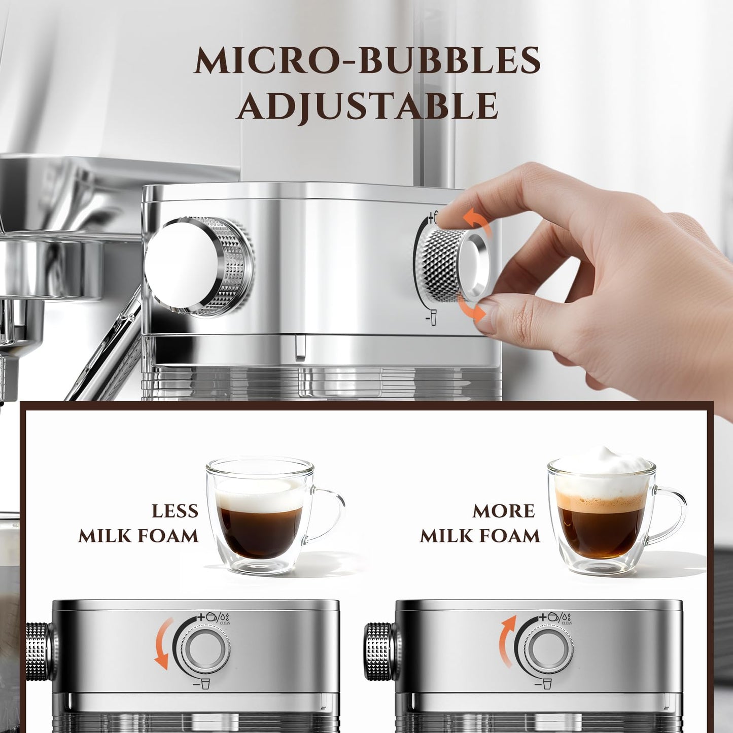 AMZCHEF Espresso Machine with Upgraded Automatic Milk Frother, 20 Bar Cappuccino & Latte Maker with LCD Display, Dual Wall Filters, Metallic Silver – Ideal Home Gift