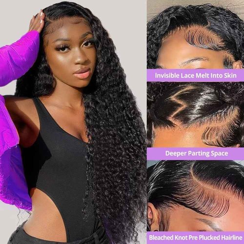 utodoo 20 Inch 13x6 Deep Wave Lace Front Wigs Human Hair Wig for Women 12A 200% Density HD Lace Front Wigs Human Hair Pre Plucked with Baby Hair Natural Black