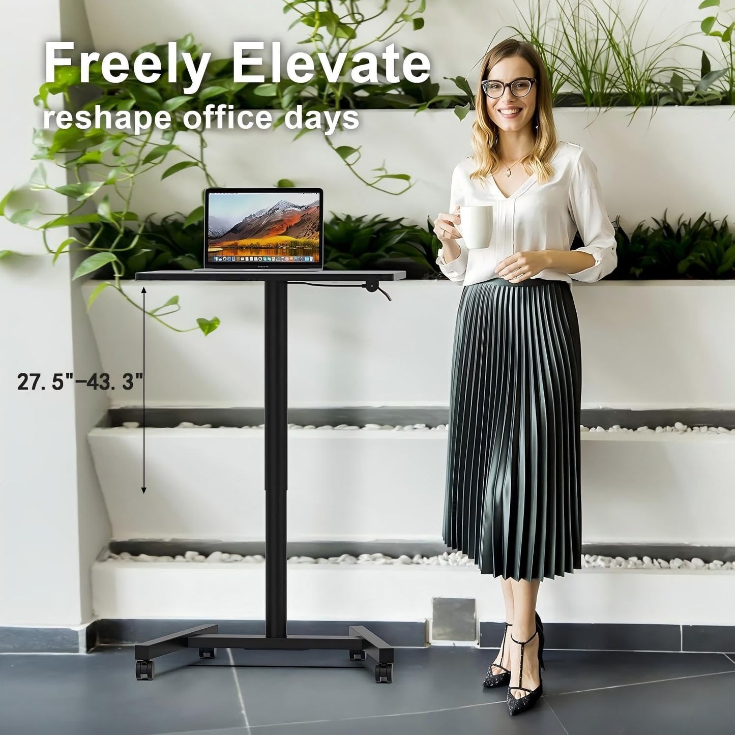 MPETAPT 28-Inch Mobile Standing Desk, Adjustable Computer Desk, Portable Standing Desk with Lockable Wheels, Rolling Table for Home Office Classroom Hospital (Jet - Black)
