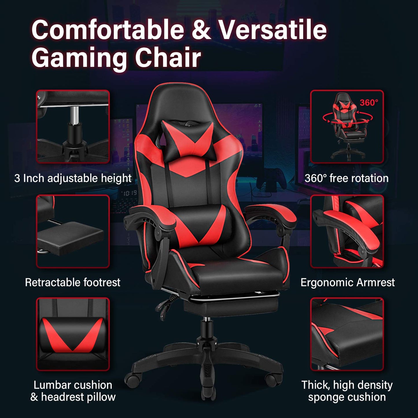Gaming Chair, Backrest and Seat Height Adjustable Swivel Recliner Racing Office Computer Ergonomic Video Game Chair with Footrest and Lumbar Support, Red/Black