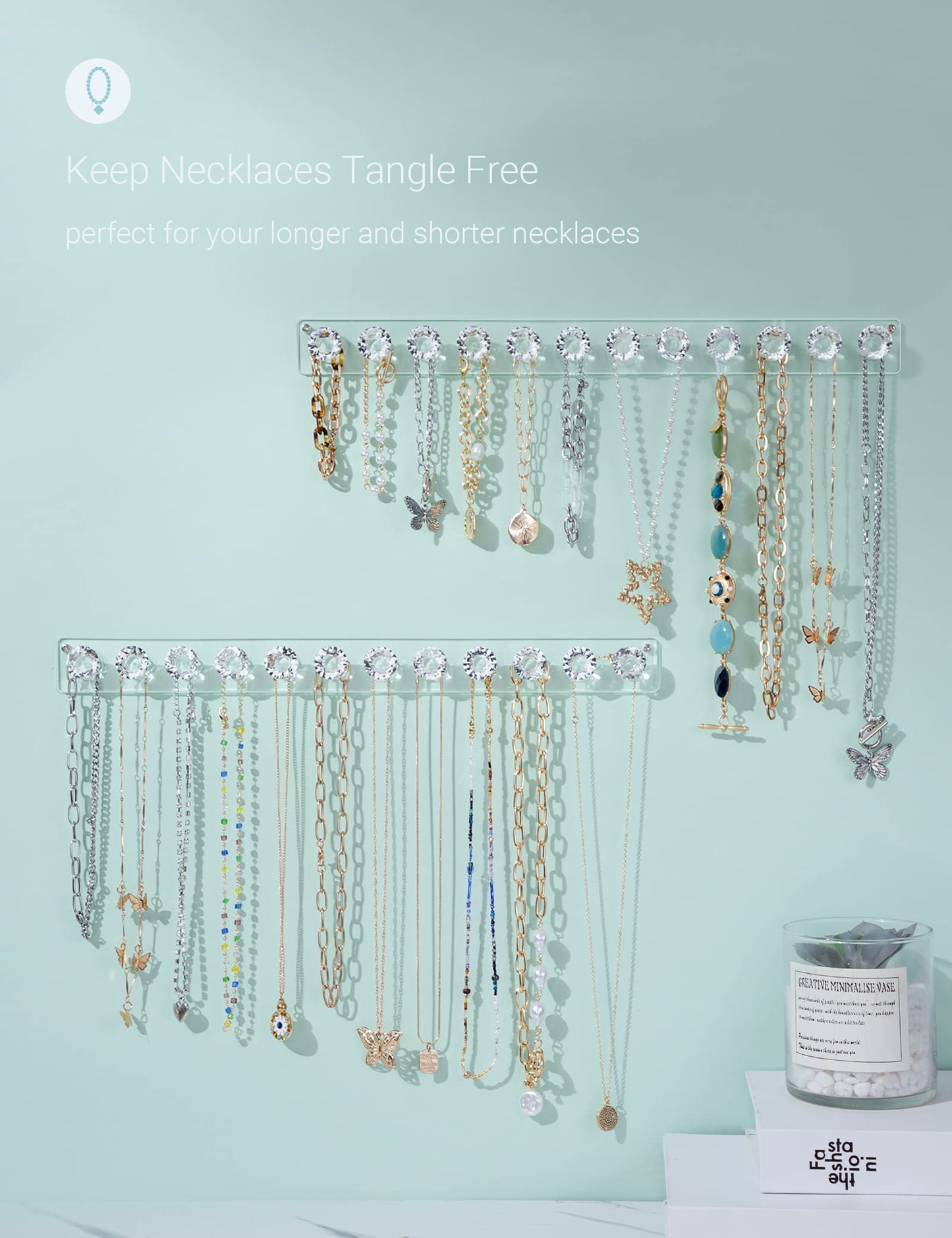 Mymazn 4 Pack Acrylic Necklaces Holder Hanging Jewelry Organizer Wall Mounted Necklace Hangers with 12 Hooks, Clear Jewelry Hang