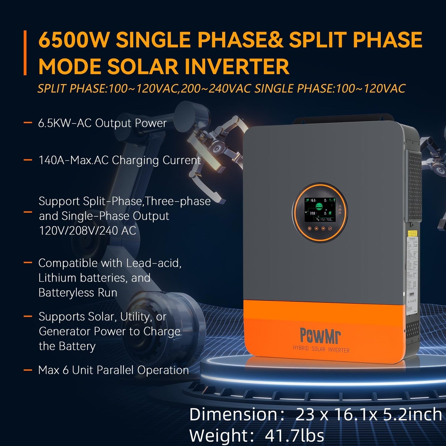 PowMr 6500W Hybrid Solar Inverter, 48V DC to 110V/220V AC, Split Phase Inverter with 140A MPPT Controller, Max PV Input 10KW, 500VDC, Supports Up to 6 in Parallel, for Lead Acid Lithium Battery