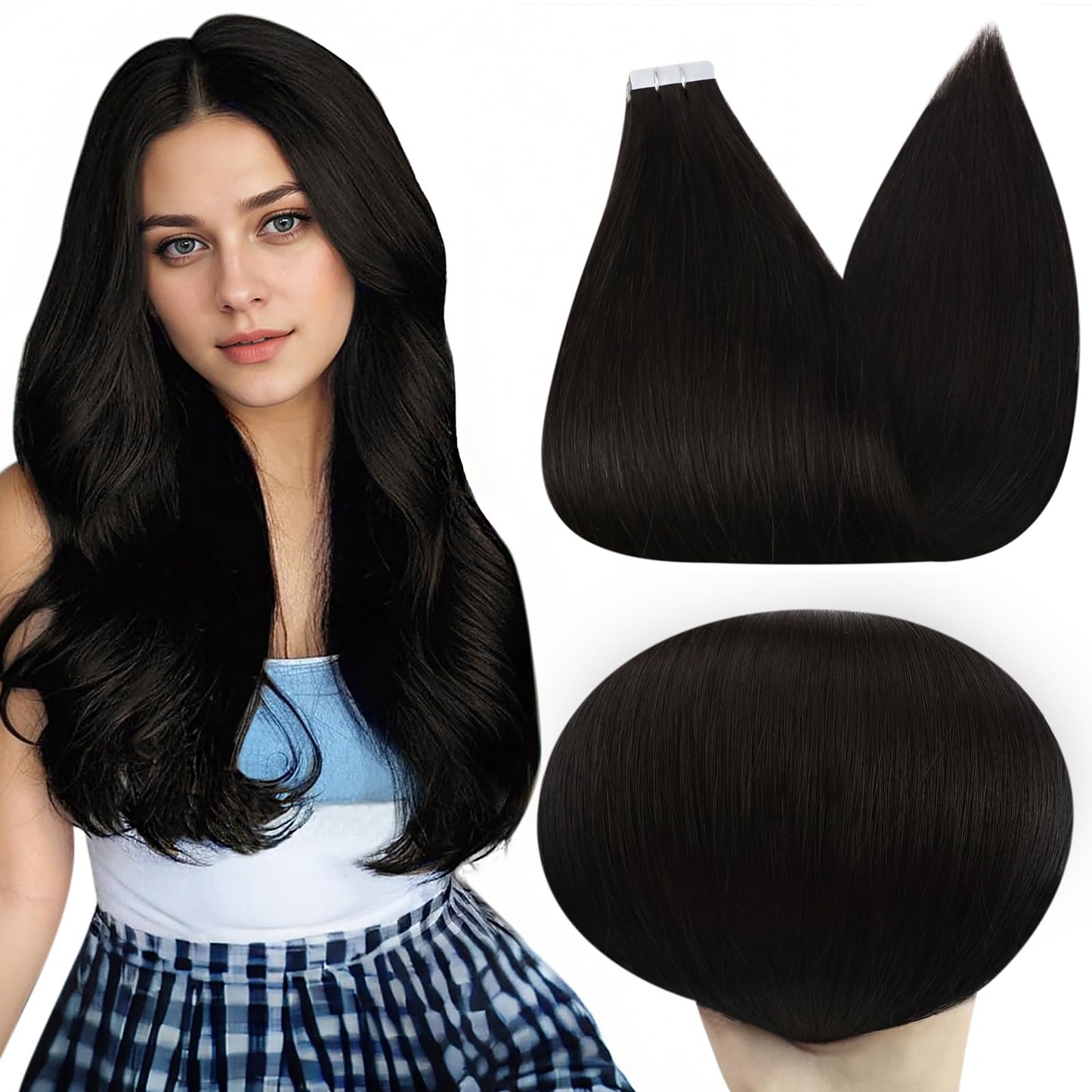 Full Shine Tape in Hair Extensions 22 Inch Long Tape in Extensions Color 1B Off Black Double Sided Adhesive Tapes Black Hair Ext