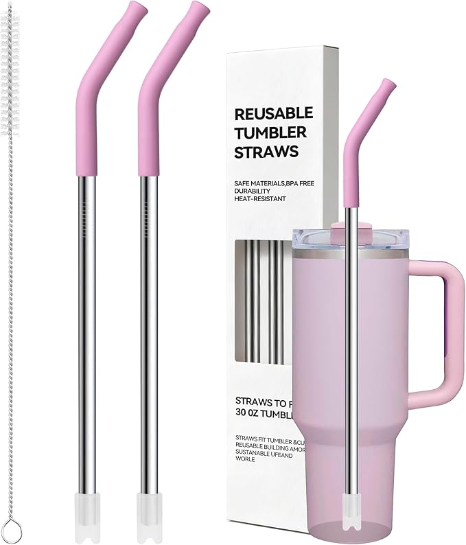Metal Straw Reusable for Stanley 30 OZ Tumbler, 2 Pcs 11″ Long Stainless Steel Drinking Straws with Silicone Tip for STANLEY Quencher 30 oz Cups,1 Straw Brush,BPA Free Dishwasher Safe(Purplish Pink)