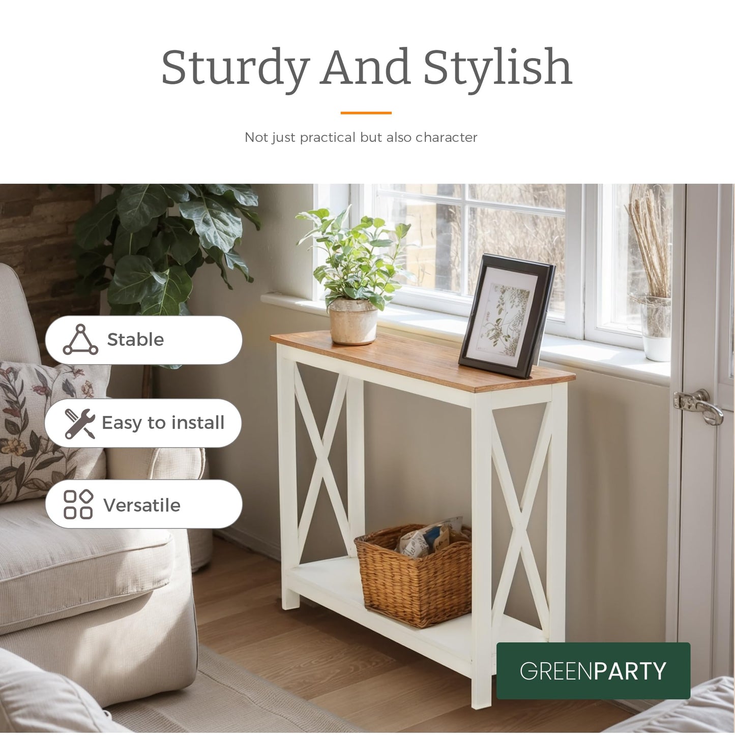 GREEN PARTY Vintage Farmhouse Entryway Console Table, 2-Tier Narrow Sofa Table with Storage Shelf for Living Room and Hallway, Rustic White Accent Furniture with Sturdy X-Shaped Legs