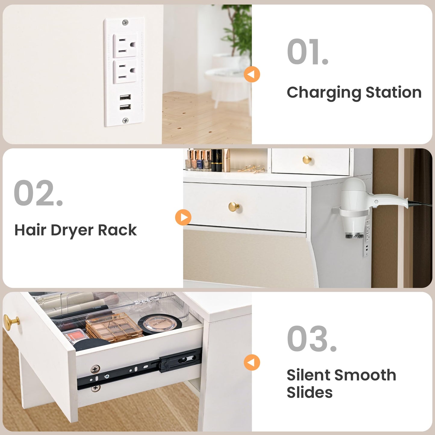 Pamapic Vanity Desk with Mirror and Lights,4 Drawers Golden Handles Makeup Vanity with Storage Stool,Power Outlet,3 Lighting Modes,Silent Slides