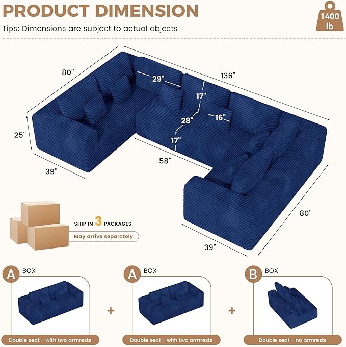 136'' Large Sectional Cloud Couches with Chaise, U Shaped Boneless Loveseat Sofa, No Assembly Required Deep Seat Modular Lounge for Living Room 3PCS Set, Bedroom(Blue)