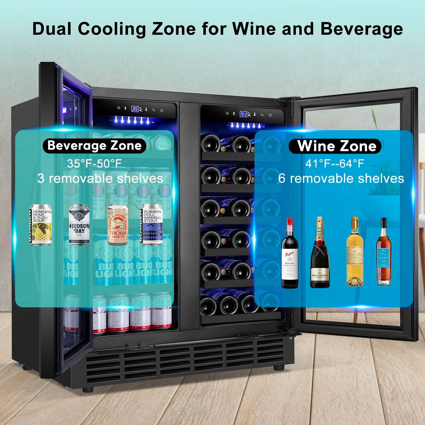 Velieta 30 Inch Wine and Beverage Refrigerator, Upgrade Dual Zone Wine Cooler, 30'' Wine beverage Fridge Built in or Freestanding Under Counter Large Capacity Glass Door Advanced Cooling System,Black