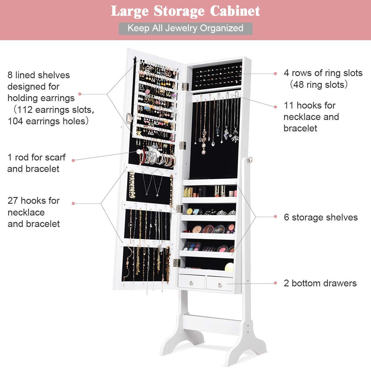 Mirror Wood Standing Jewelry Cabinet, Lockable Standing Jewelry Armoire with Key, Large Storage Capacity Jewelry Cabinet Organizer with 2 Drawers, 4 Angel Adjustable (White)