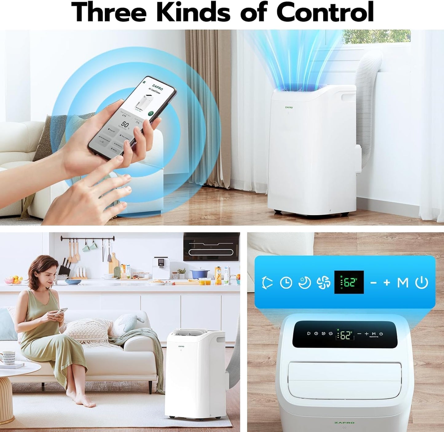 ZAFRO Portable Air Conditioners,12050 BTU (8050 BTU SACC) Smart Portable AC with Ultra-Quiet(44dB)/Drainage-free Cooling, Voice/APP/Remote, Easy Installation for Room Indoors