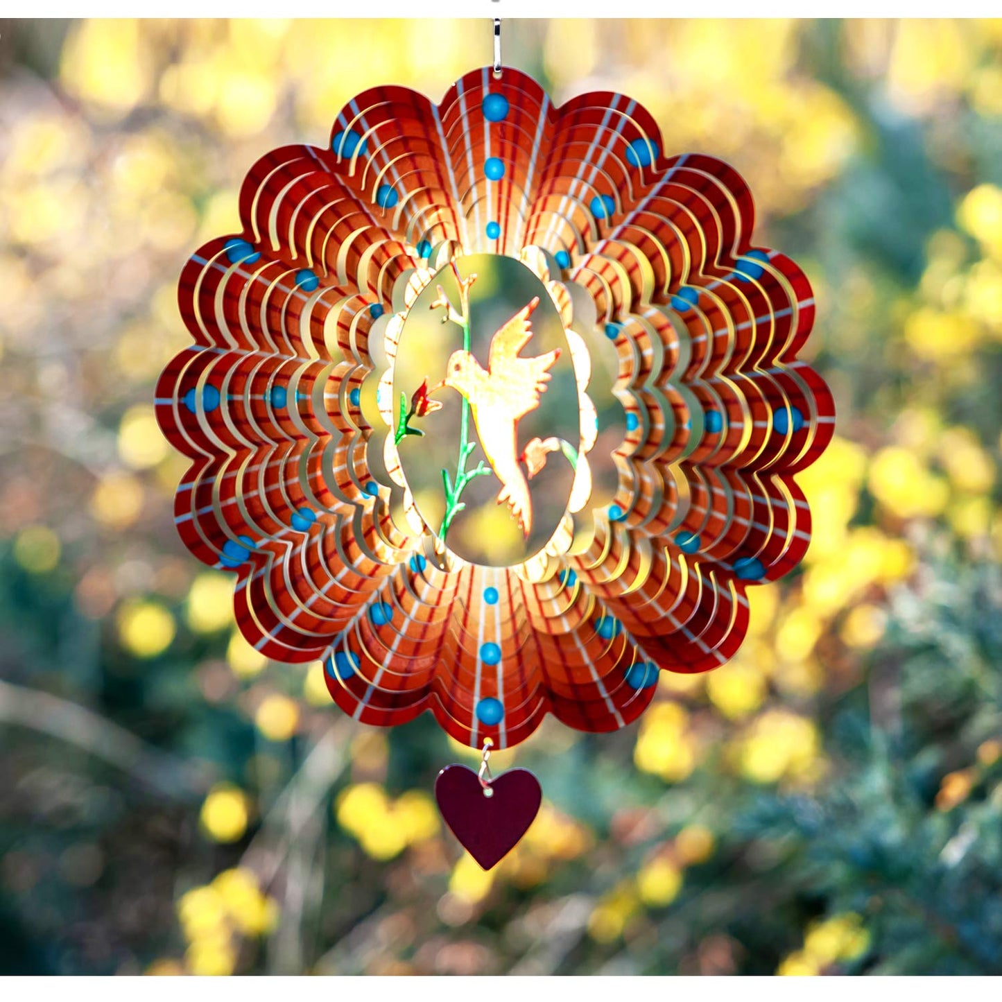 SteadyDoggie Wind Spinner - 12-Inch 3D Stainless Steel Lovebird Design with Heart Pendant - Laser Cut Metal Art Geometric Pattern - Hanging Kinetic Yard Garden Decor