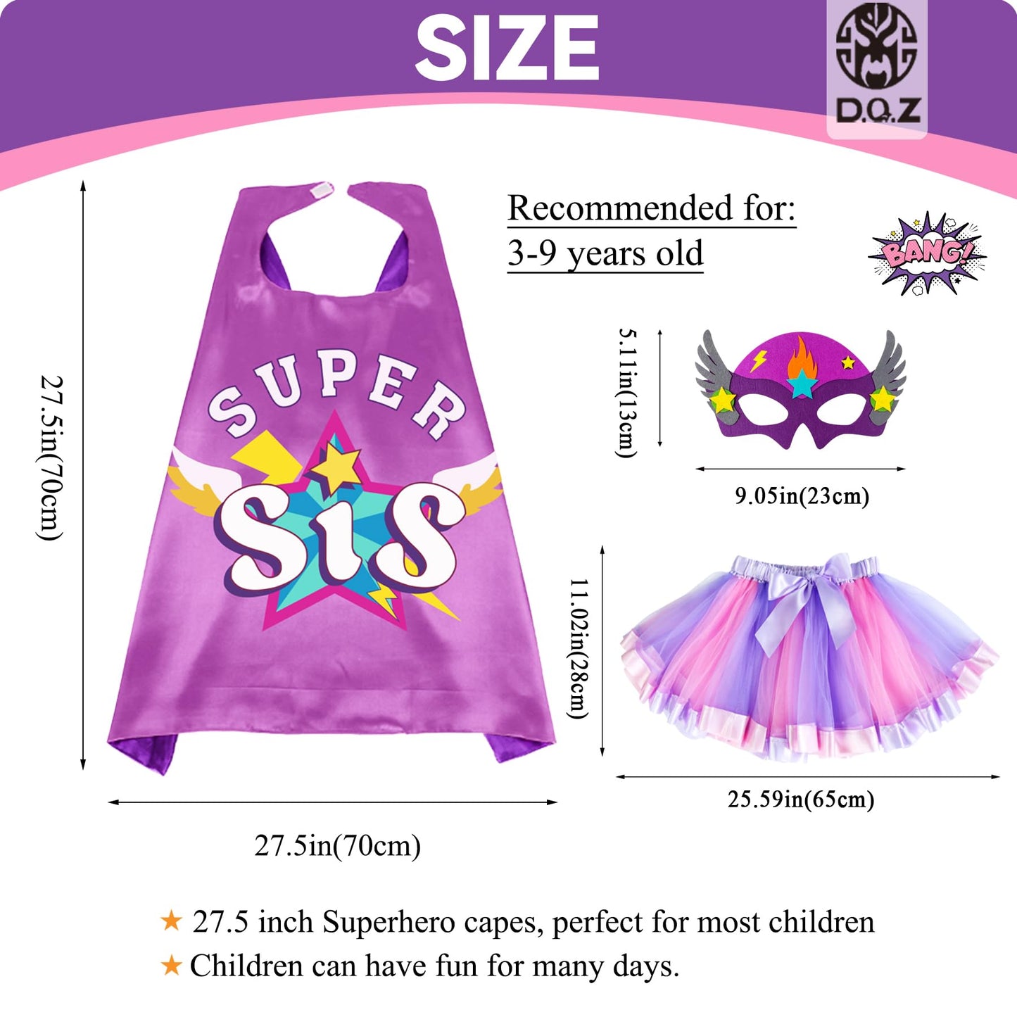 D.Q.Z Superhero-Cape Costume with Tutu Dress, Big Sisters Gifts for Girls Princess Role Play Birthday Christmas Party (Purple)