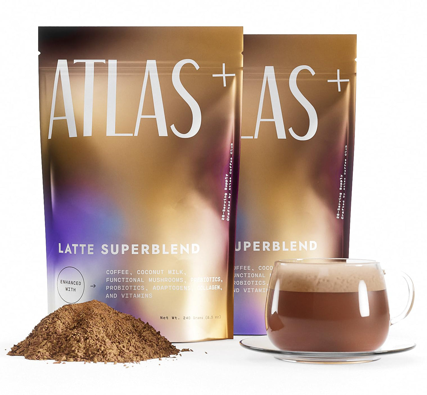 Atlas+ Latte Superblend– Premium Mushroom Coffee with Collagen, Probiotics, D3 & B12, Lion’s Mane, Reishi, Cordyceps, Coconut– for Energy, Focus, Immunity & Gut Health– 40 Servings (2 Bags)