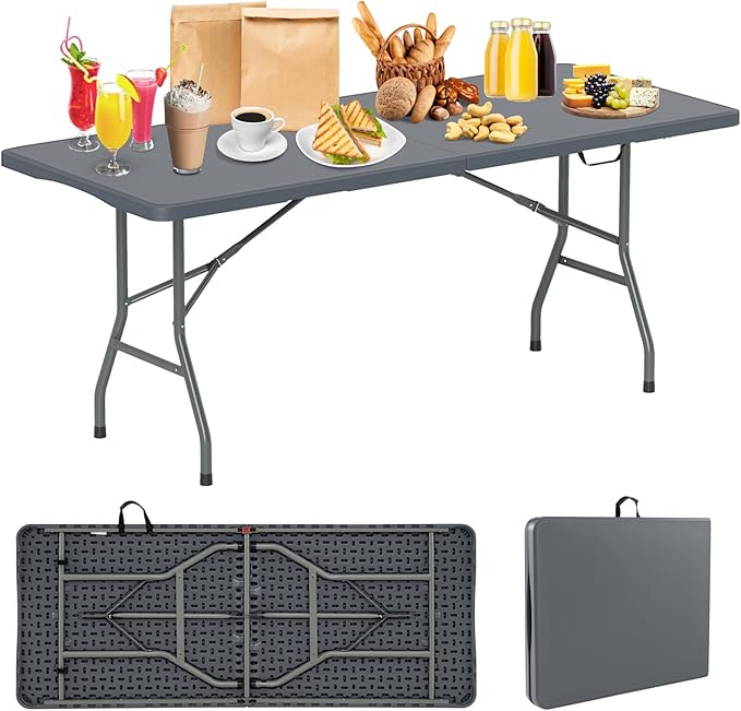 Folding Table, HDPE Portable Table with 6 ft Long Tabletop, Metal Frame Picnic Camping Table with Safe Lock, Collapsible D...
