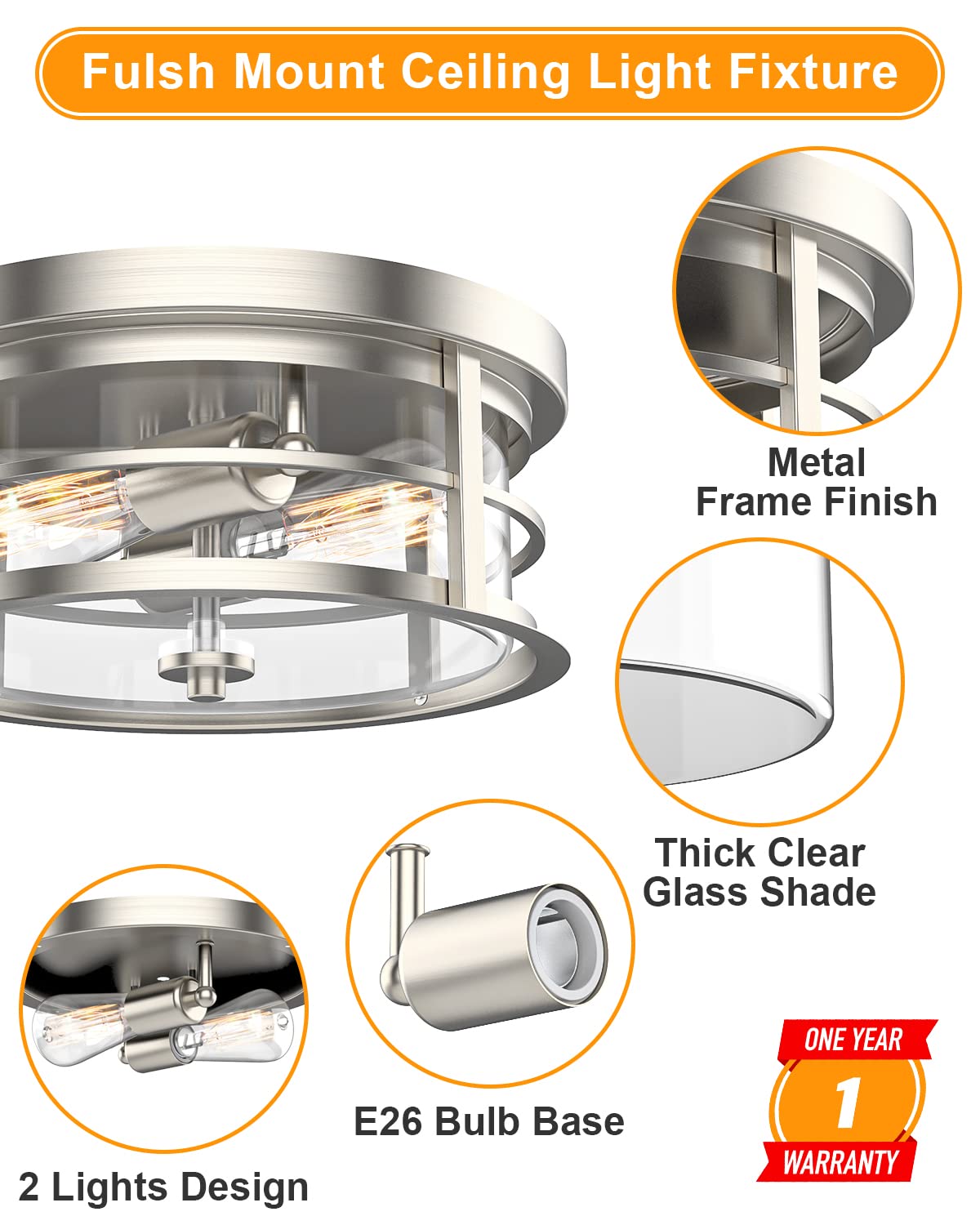 EAPUDUN Flush Mount Ceiling Light, 12inch 2-Light Modern Close to Ceiling Light Fixture, Brushed Nickel Finish with Clear Glass Shade for Hallway Entryway Bedroom Porch FMA1412-BNK