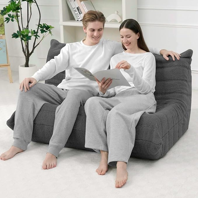 HABUTWAY Bean Bag Chairs Fireside Lazy Floor Sofa, Soft Teddy Fleece 2 Seater Sofa with High-Resilience Foam Filling，Beanbag for Living Room, Bedroom, Office (Dark Grey Teddy)