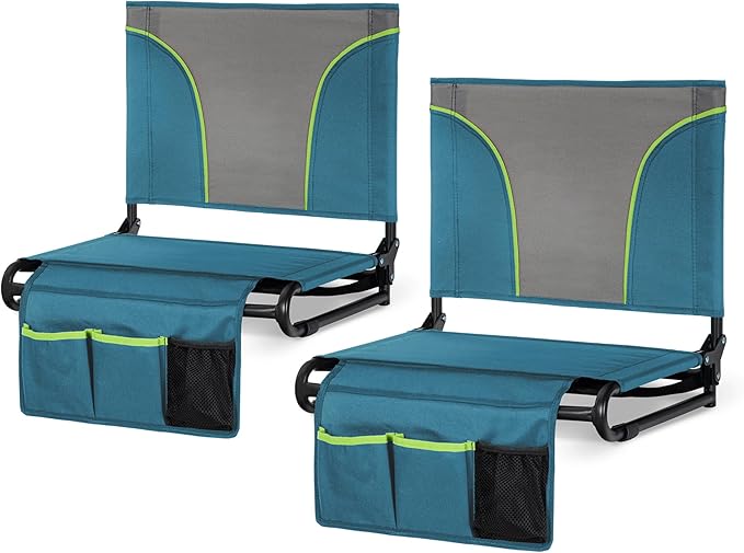 GREEN PARTY Portable Folding Stadium Seats Extra Wide 20.1" Chair for Bleachers Set of 2 with 2 Storage Pockets & Mesh Cup Holder, 600D Oxford Fabric Comfortable Padded Cushion Back Support Blue Grey