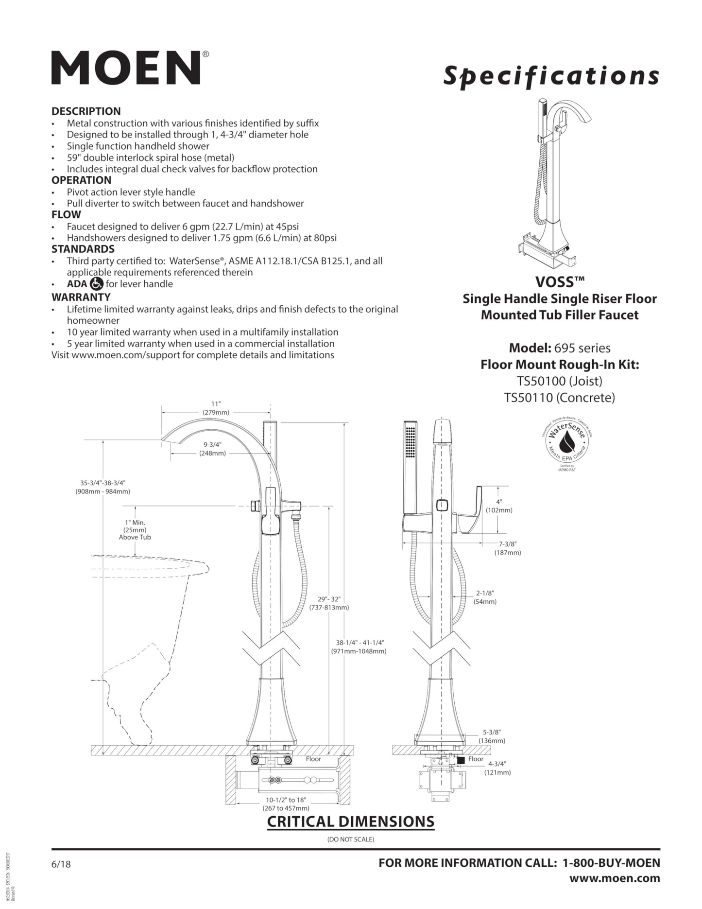 Moen Voss Brushed Nickel One-Handle Freestanding Floor Mount Tub Filler, Freestanding Bathtub Faucet with Handshower, 695BN