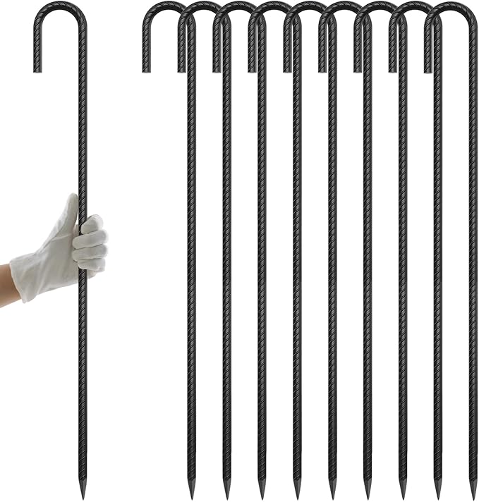 AAGUT Rebar Stakes 36 Inch J Hook Heavy Duty 10 Pack, 1/2 Inch Extra Long Tent Stakes with Chisel Point End, Black Coated Metal Ground Anchors for Garden, Chain Link Fence, Greenhouse, Sculpture