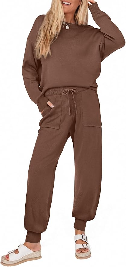 Ekouaer Women's 2 Piece Lounge Set Long Sleeve Knit Pajamas Sweatsuit Jogger Pant Outfits With Pockets S-XXL
