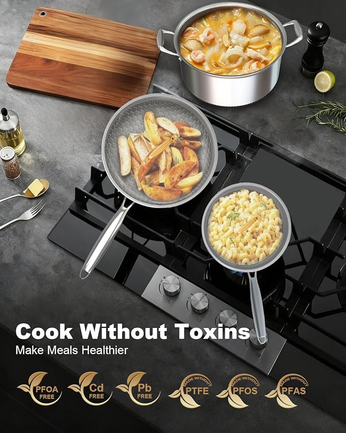 FogDream 5 Pcs Stainless Steel Cookware Set, 9.5in Non Stick Frying Pan, 5-Quart Soup Pot & 2.3-Quart Sauce Pan with 2 Lids, Stay-Cool Handles, Dishwasher & Oven-Safe, Induction Compatible, Silver