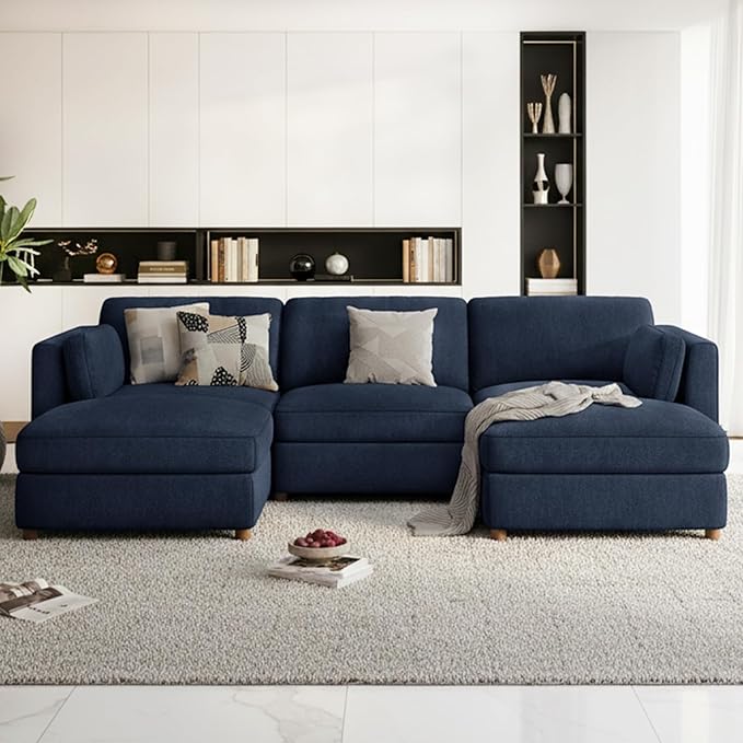 CUGOAO 118'' Modular Sectional Sofa, Oversized U-Shaped Sectional Couch with Ottoman, Deep Seat Chenille Cloud Couch, Mordern Upholstered Couches for Living Room, Apartment, Office, Blue