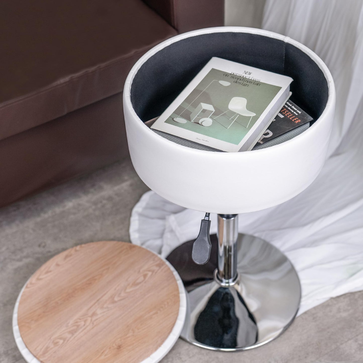 LITZFUR Vanity Stool for Makeup Room, Round Storage Ottoman Height Adjustable Leather Vanity Chair, 360° Swivel Footrest for Living Room Bedroom, White