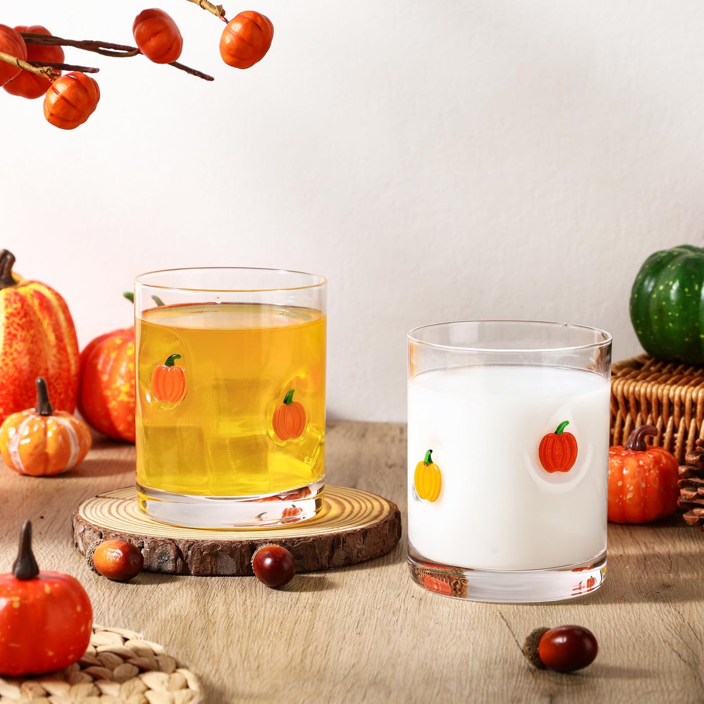 Skylety 2 Pcs Pumpkin Icon Juice Glasses Fall Thanksgiving Drinking Cups Old Fashioned Stemless Wine Glasses 13.5 oz Whiskey Cocktail Coffee Mugs for Halloween Party Harvest Gift Decor