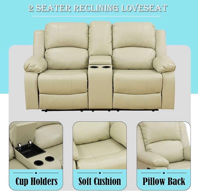 Caberryne Leather Recliner Sofa，Reclining Loveseat for Living Room Furniture Sets, Beige Double Recliner Loveseat for Living Room/Office/Theater Seating/Rv(2 Seater Couch)
