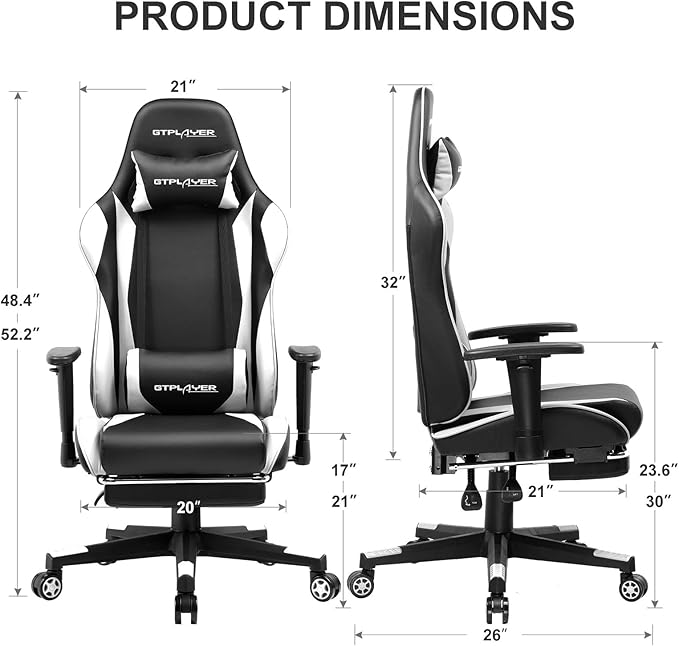 GTPLAYER Gaming Chair with Footrest, Ergonomic Computer Game Desk Chair, Reclining Game Chair Seat Height Adjustment, Swivel Rocker with Headrest and Lumbar (White)