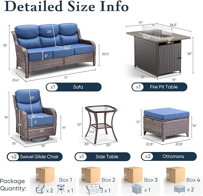 Belord Luxury 6" Thick Cushioned 7 Pieces Patio Furniture Set with Fire Pit Table, Wicker Outdoor Conversation Set with High Back Swivel Rocker Chairs for Deck Porch Yard and Poolside - Brown+Blue