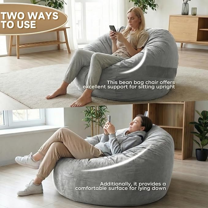 YuppieLife Large Foam Filled Bean Bag Chairs for Kids Teenagers Adults Living Room Gaming Relaxing 4F Machine Washable Lazy Sofa（Silver Grey