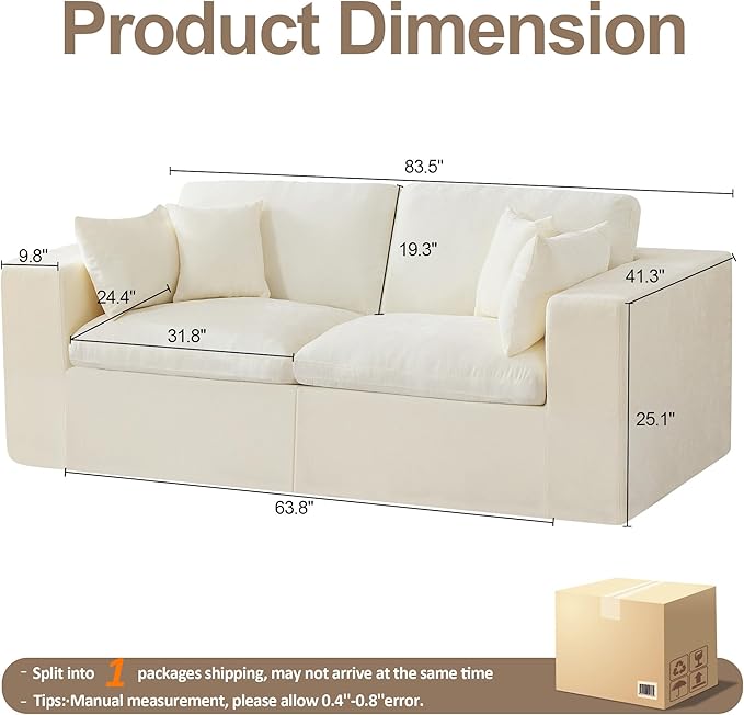 88''Cloud Boneless Sectional Couch, Modular Sectional Sofa Deep Seat, Upholstered Convertible Comfy Loveseat Chenille Memory Foam Sofa Couches for Living Room, Beige