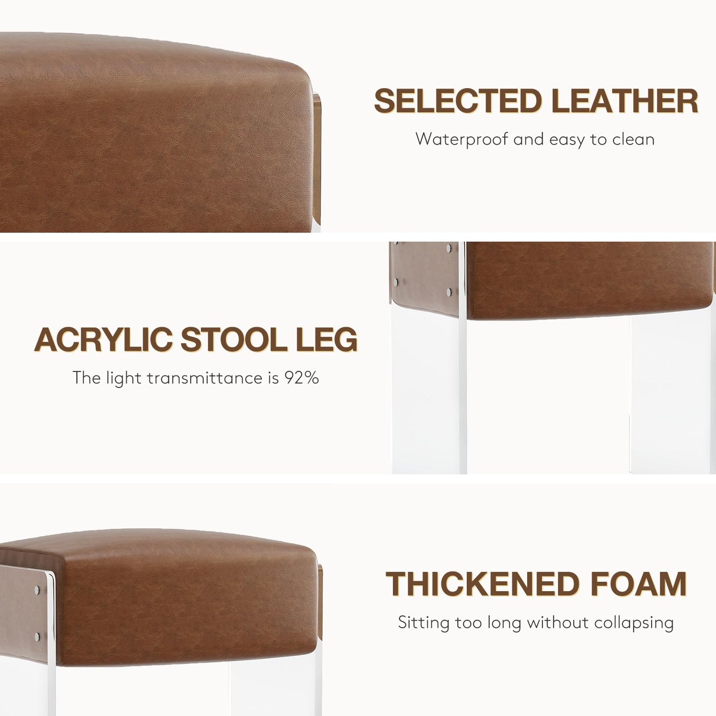bitaycan Leather Vanity Stool Chair, Modern Ottoman and Foot Rest with Leather and Acrylic Leg for Makeup Room, Living Room, Bedroom, Brown