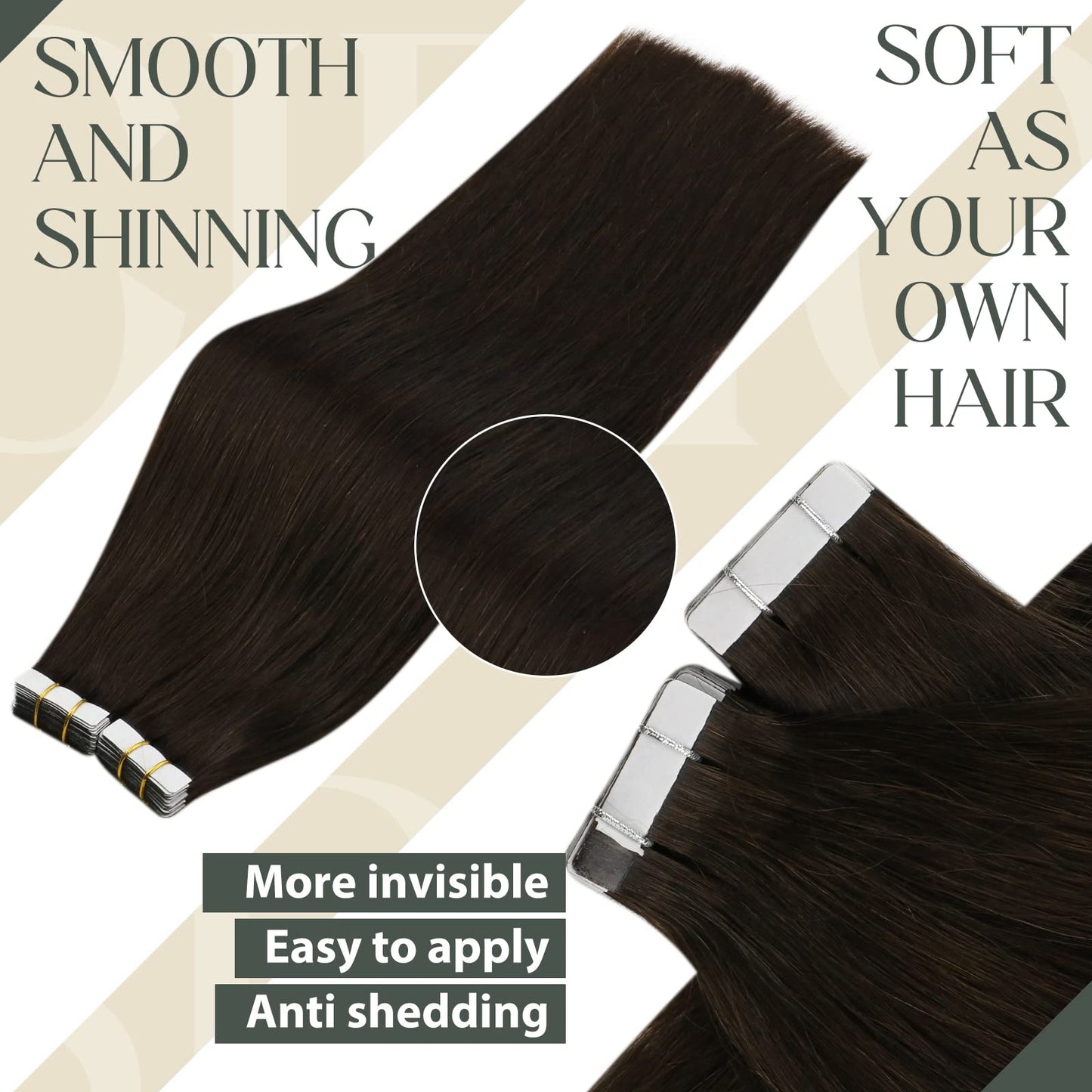 Sunny Hair Tape in Hair Extensions Real Human Hair Invisible Remy Hair Extensions Tape ins for Women Darker Brown 22 inch 20Pcs
