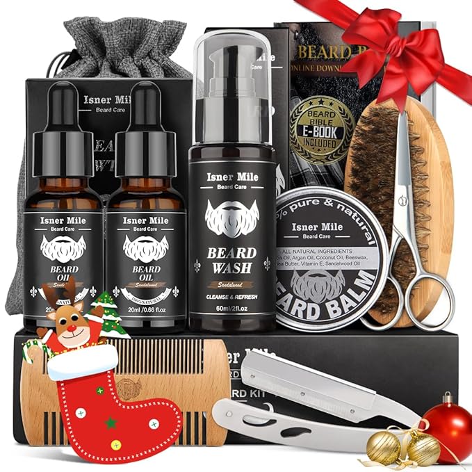 Isner Mile Beard Grooming Kit for Men Care: Trimming Sets with Beard Wash - Oil - Balm - Brush - Comb & Straight Razor, Bi...