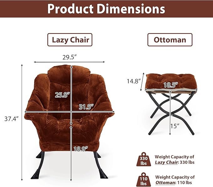 Youtanic Lazy Chair with Folding Ottoman, Accent Chair Plush Upholstered with Metal Structure and Non-Slip Pads, Sofa Armchair with Footrest and Side Storage Bag for Dorm, Room, Office, Brown