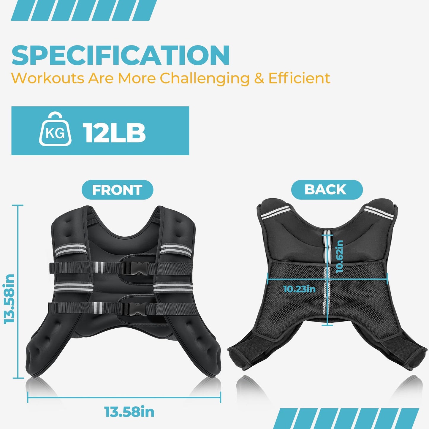 Weighted Vest, 8lb/12lb/16lb/20lb Weight Vest with Reflective Stripes for Men Women, Two Adjustment Straps for Workout, Strength Training, Running, Fitness, Muscle Building, Weight Loss (12lb)