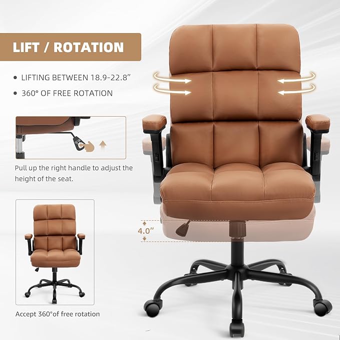 SEATZONE Executive Office Chair Small PU Leather Desk Chair with Wheels,Ergonomic Computer Swivel Rolling Task Chair with Back Support,Brown