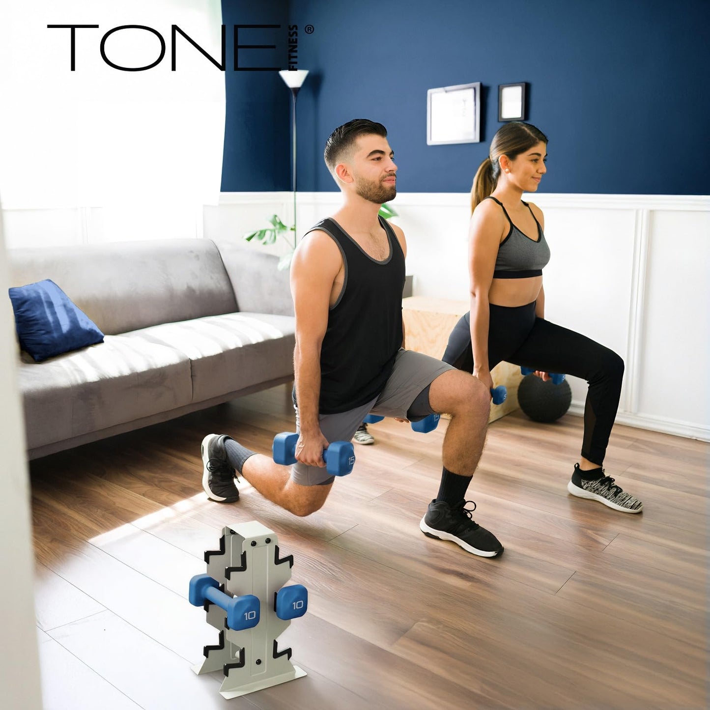 Tone Fitness 100 LB Neoprene Dumbbell Set with Storage Rack – Non-Slip, Anti-Roll Hand Weights for Home Gym Workouts | Light Gray Rack and Purple Dumbbells