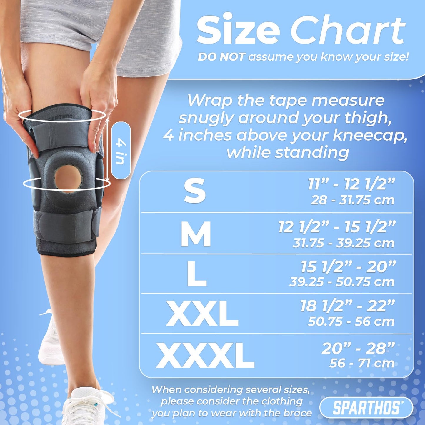 Sparthos Knee Brace - Relieves ACL, MCL, Meniscus Tear, Arthritis, Tendons Pain - Open Patella Design with Dual Hinges - Patellar Compression Support, Plus Size Fit - For Men and Women - XXX-Large