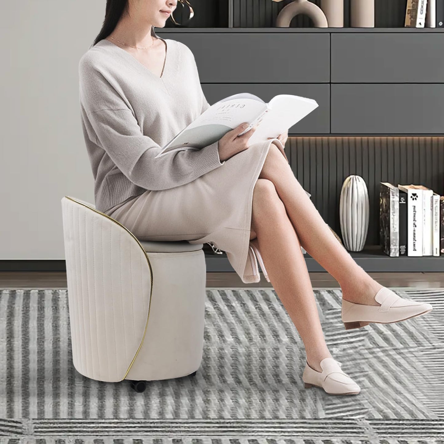 KLASIKA Round Storage Ottoman, Upholstered Velvet Vanity Stool with Lumbar Support, Swivel Rolling Wheels, Small Foot Stools Coffee Table Padded Seat for Makeup Room, Living Room, Bedroom Beige