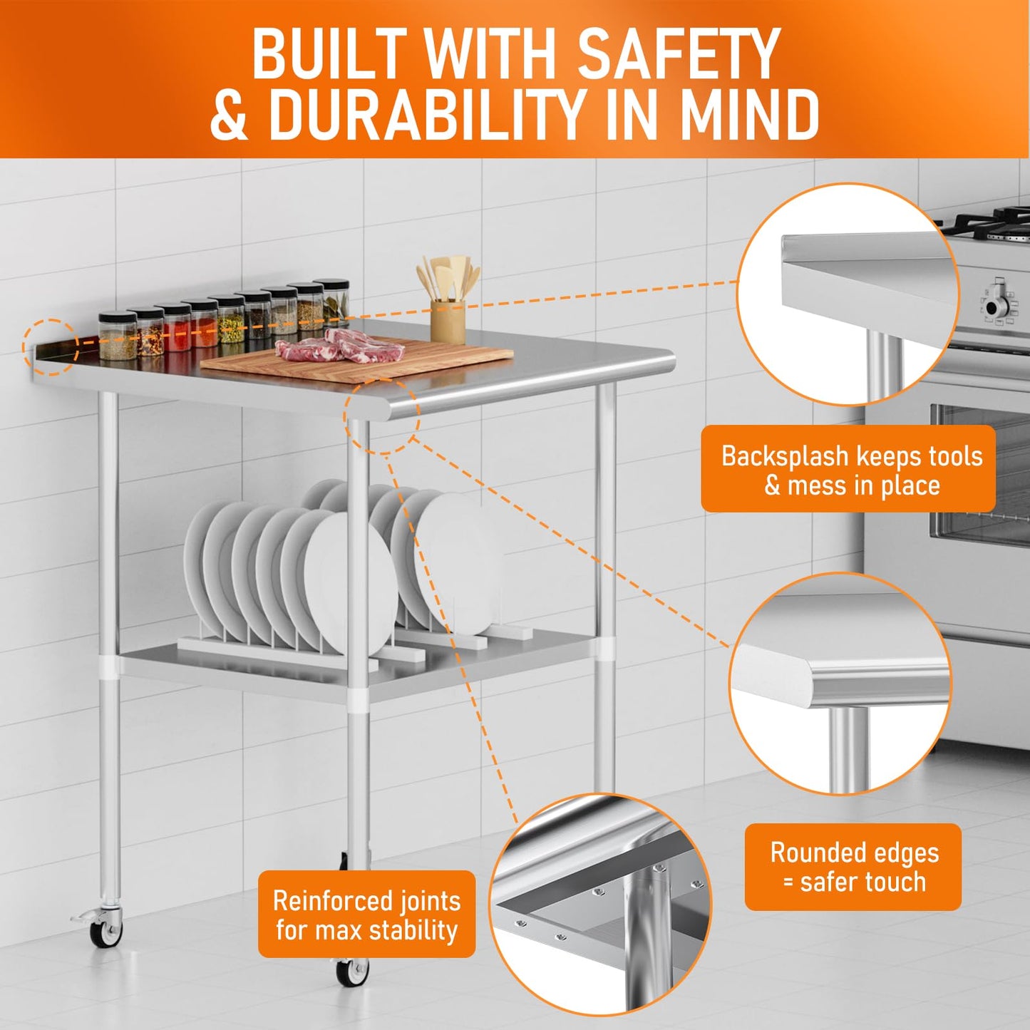 HOCCOT Stainless Steel Prep Table 24" X 30" with Adjustable Undershelf, Backsplash and Wheels, Commercial Metal Workstations for Kitchen, Garage, Outdoor BBQ
