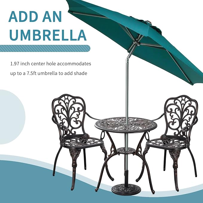 Withniture Bistro Set 3 Piece Outdoor Bistro Table and Chair Set of 2 Cast Aluminum Patio Furniture with Umbrella Hole,Patio Bistro Table Sets for Garden,Yard(Brown)