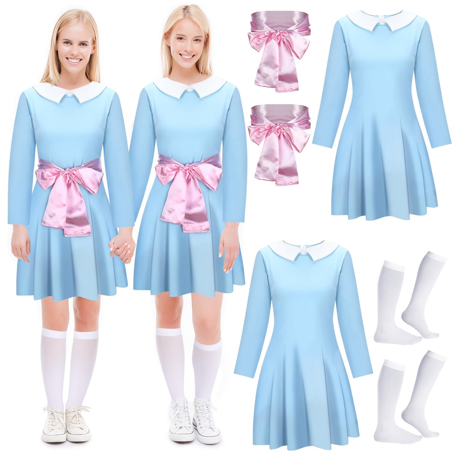 Leumoi 6 Pcs Halloween Adult Twin Costumes Blue Twin Dress Tube Socks with Pink Silky Ribbon for Women Cosplay Party(Small)