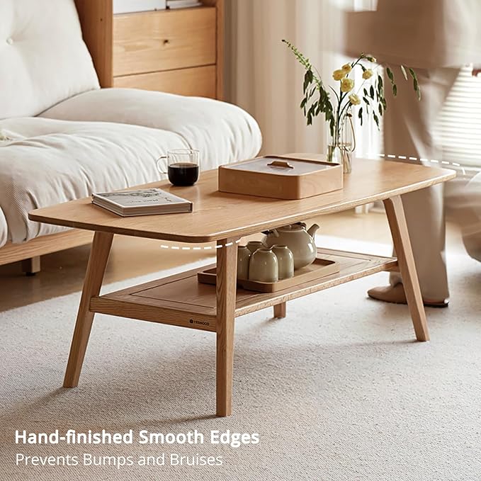 Hymus Wood Coffee Table - 100% Solid Wood- 2-Tier Coffee Table with Storage for Living Room, Eco-Friendly Finish, Easy Assembly (Natural, 31.49" D x 19.68" W x 17.32" H)
