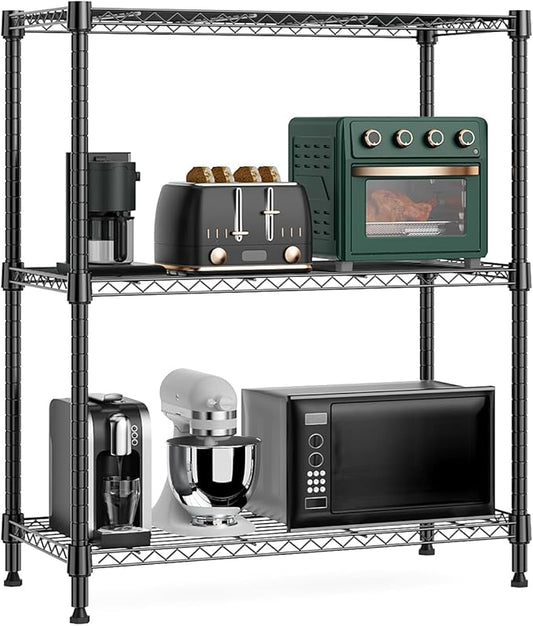 750 lbs 3 Tier Storage Rack Metal Wire Shelving Unit, Storage Standing Shelf Organizer for Laundry Bathroom Kitchen Pantry Closet Garage Basement Utility Room, Black 13.8" D x 29.5" W x 35.5" H