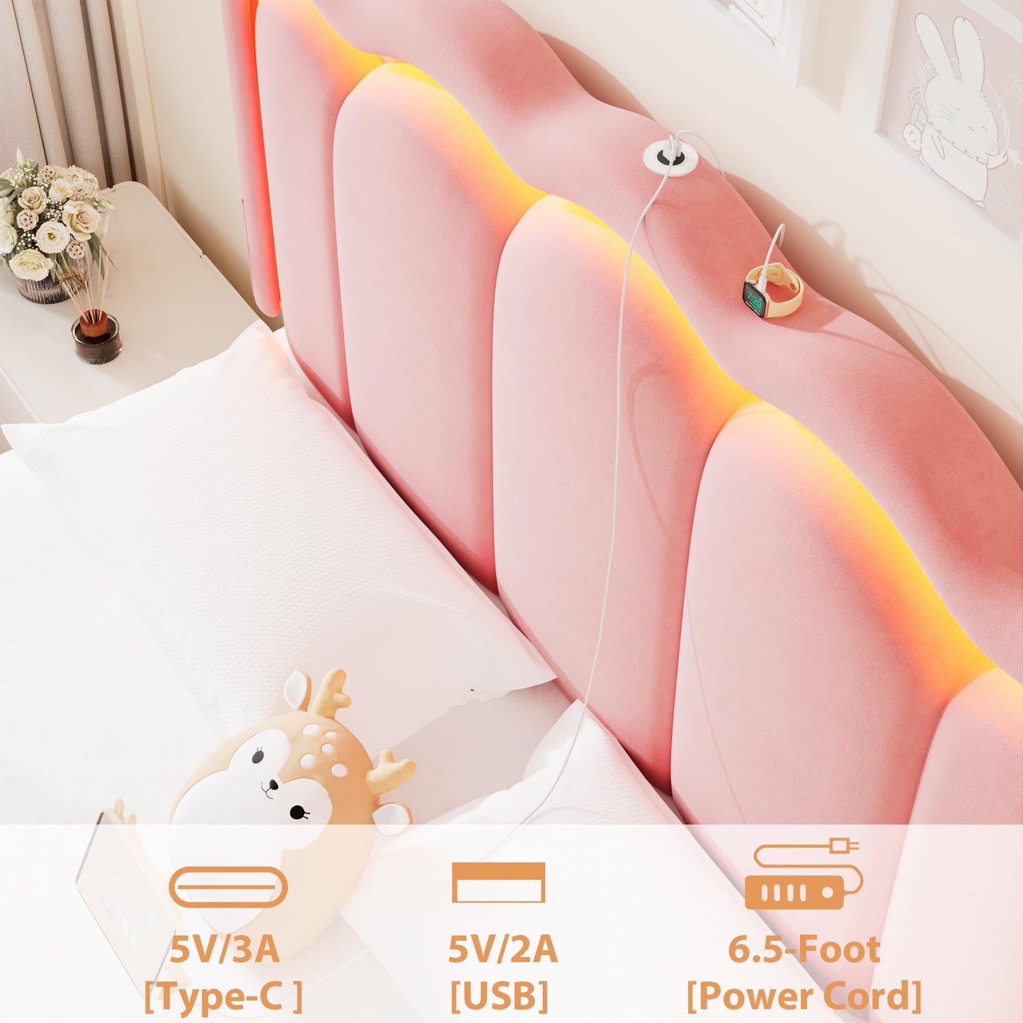 Velvet Upholstered King LED Bed Frame with 2 Storage Drawers and Adjustable Chic Double Wavy Headboard, Princess Platform Bed with Charing Station, Solid Wood Slats Support,No Box Spring Needed,Pink
