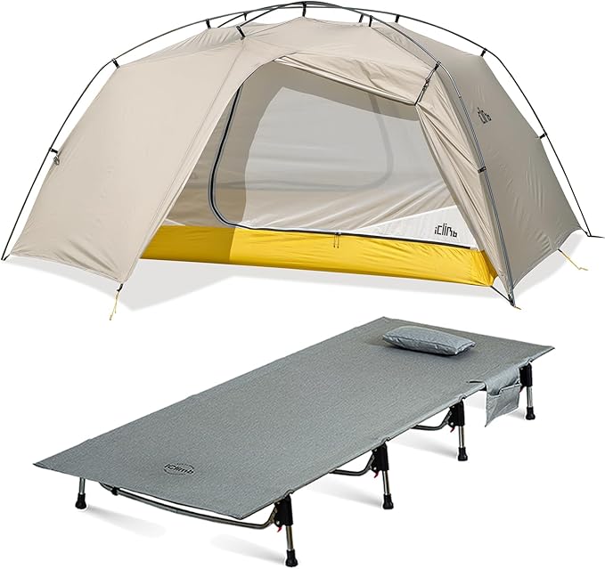 iClimb 1 Ultralight 4 Season Solo Tent and 1 Super Easy Assemble Cot Bundle, Ultralight Compact for Adults Outdoor Camping...